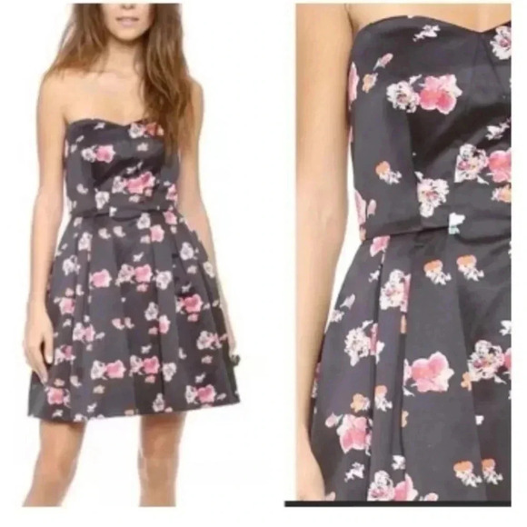 Jill Stewart | Black Floral Satin Strapless Sweetheart Neckline Cocktail Size 6 - Picture 1 of 3